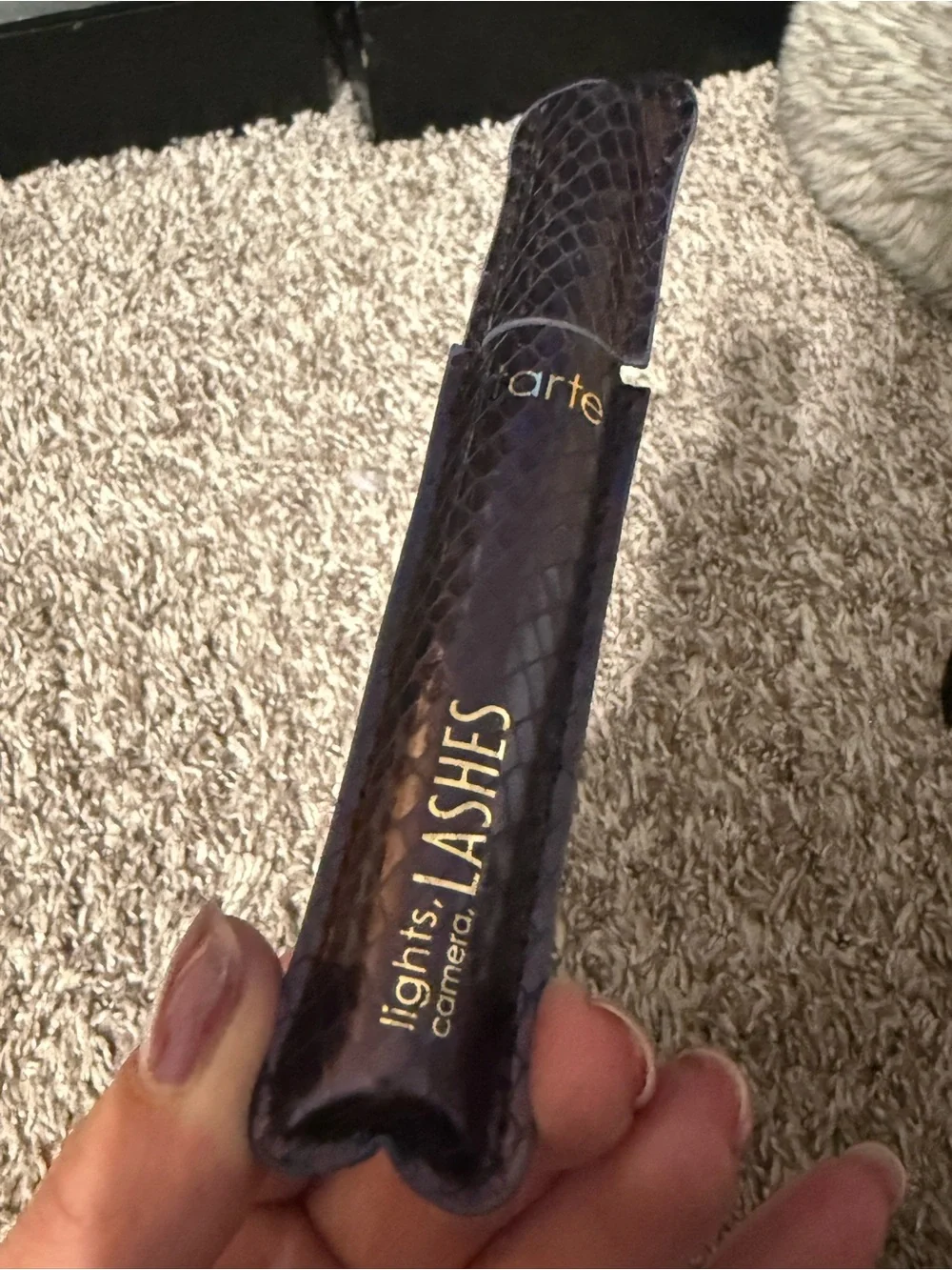 tarte like camera lashes in a  Deep Purple Mascara Sleeve with Gold Lettering